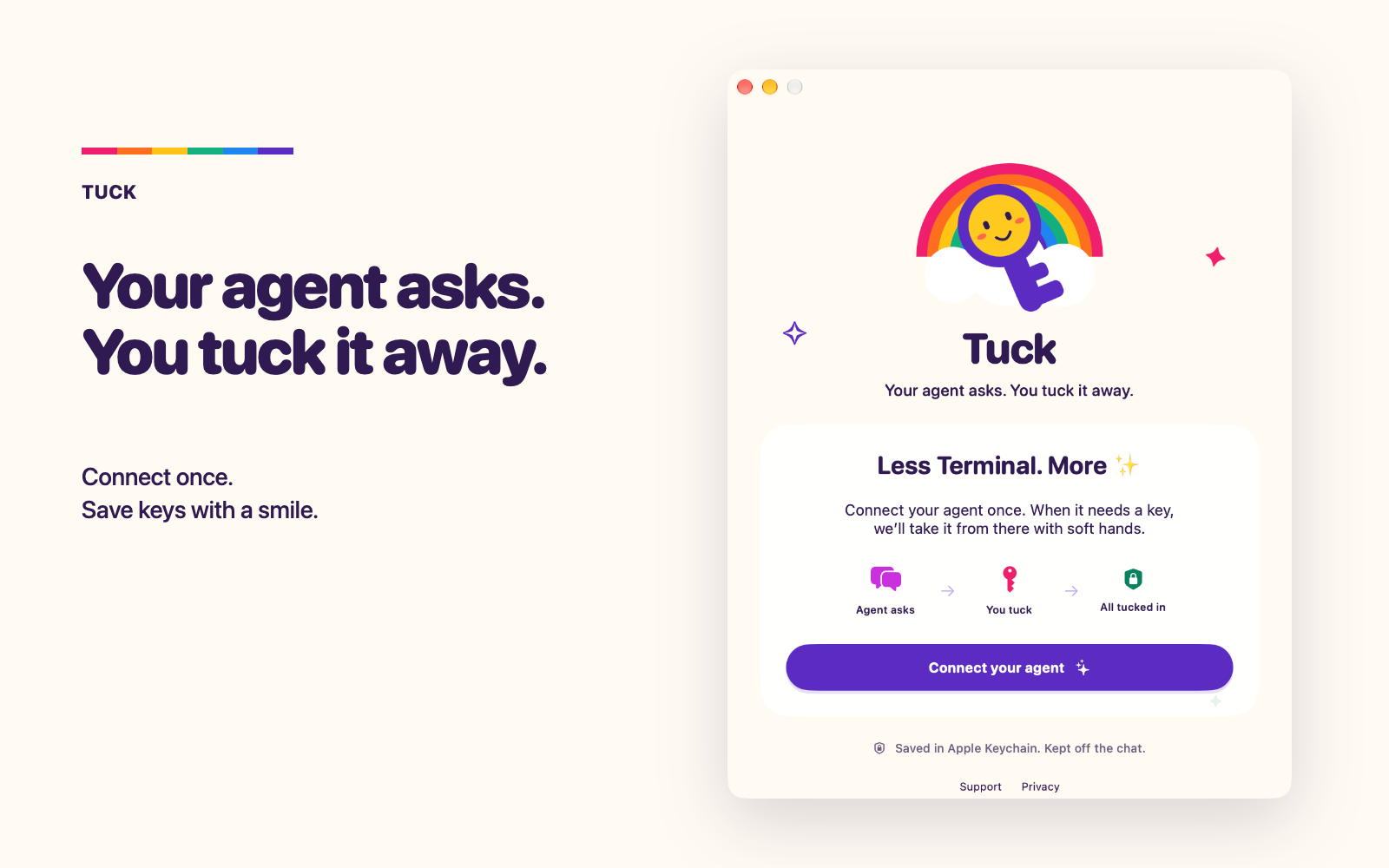 Tuck's welcome window with the rainbow key mascot, the three steps Agent asks, You tuck, All tucked in, and a Connect your agent button